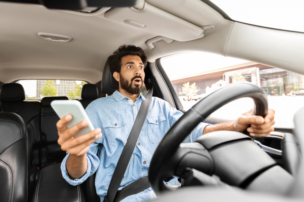 Distracted,Driving,Concept.,Shocked,Scared,Handsome,Young,Indian,Man,In